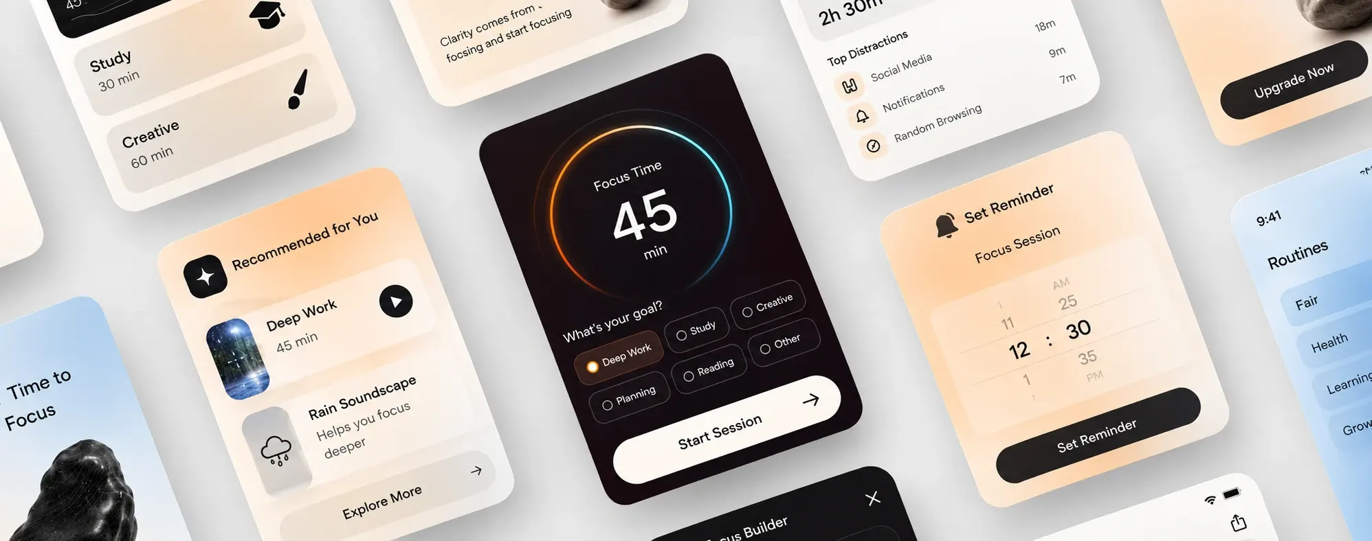 App Store listing screens for a focus-timer app, showing session timers, reminders and recommendations