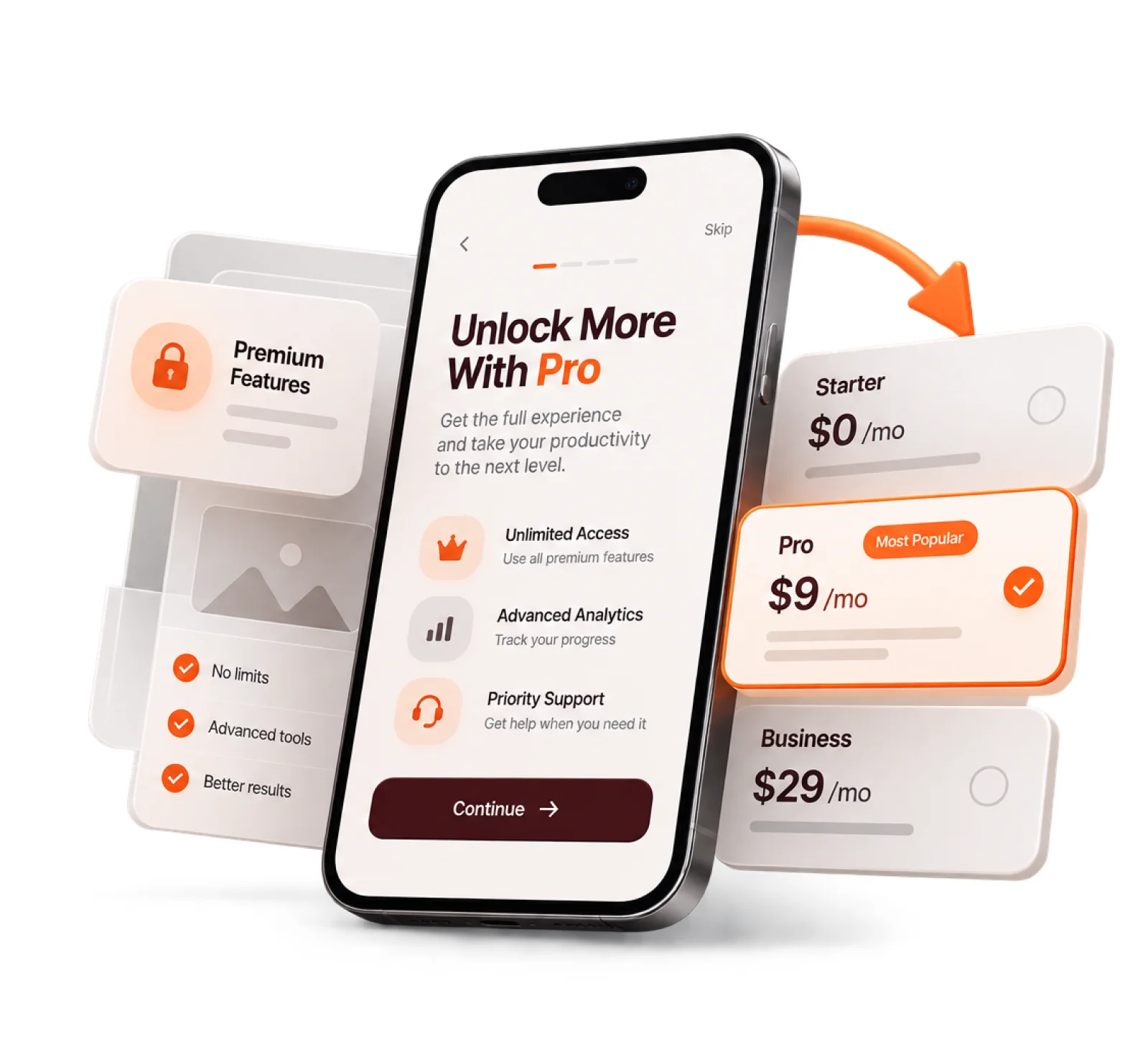 Subscription paywall offering a Pro upgrade, with Starter, Pro and Business plans and Pro marked most popular