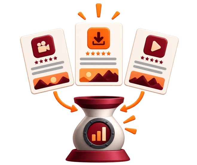 Illustration of three app listing variants feeding into a measuring scale
