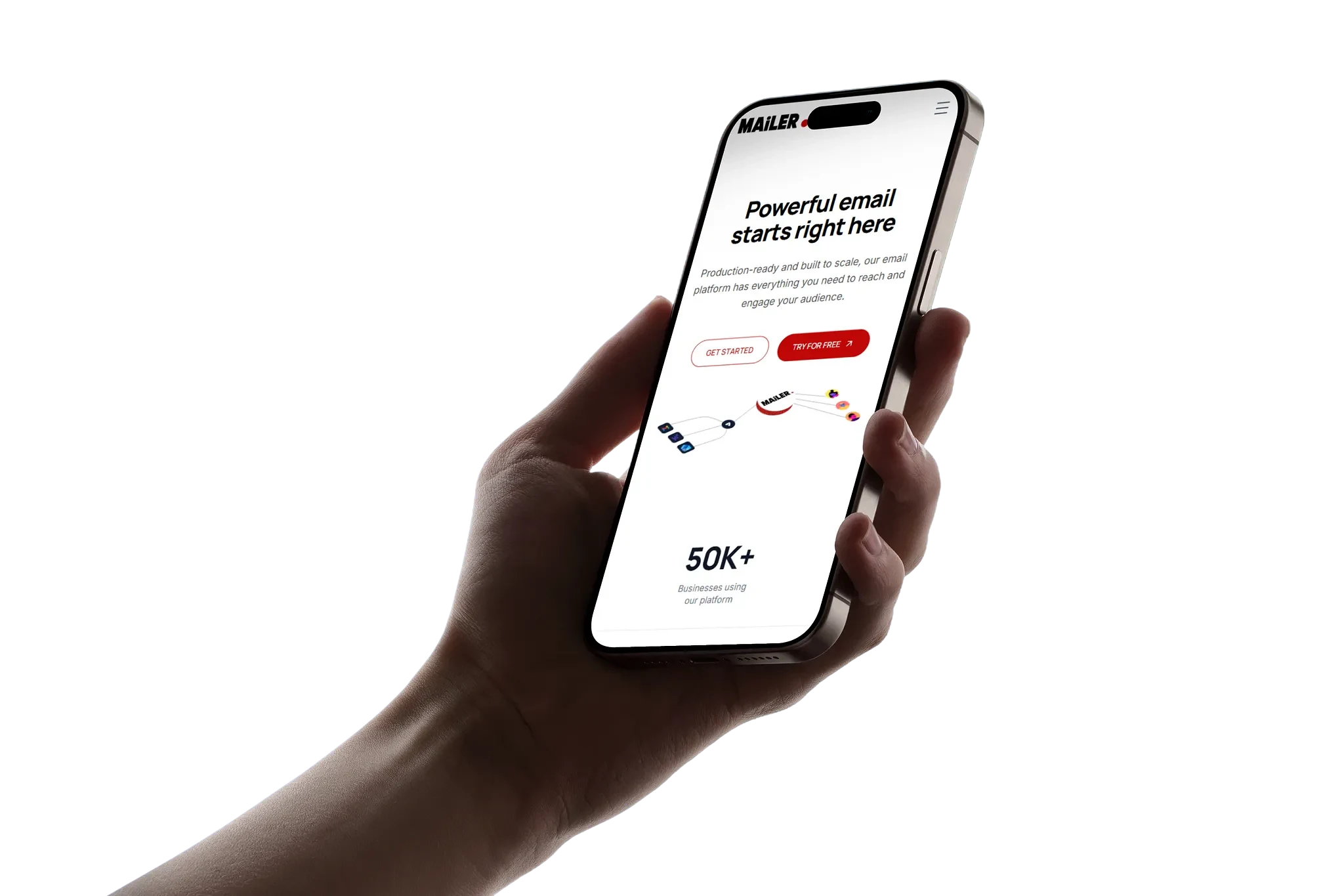 A hand holding a phone with an app landing page on screen