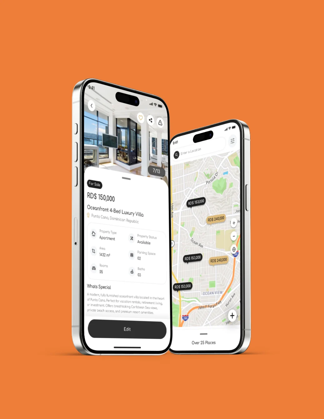 Two Roof360 app screens: a property listing and the map search