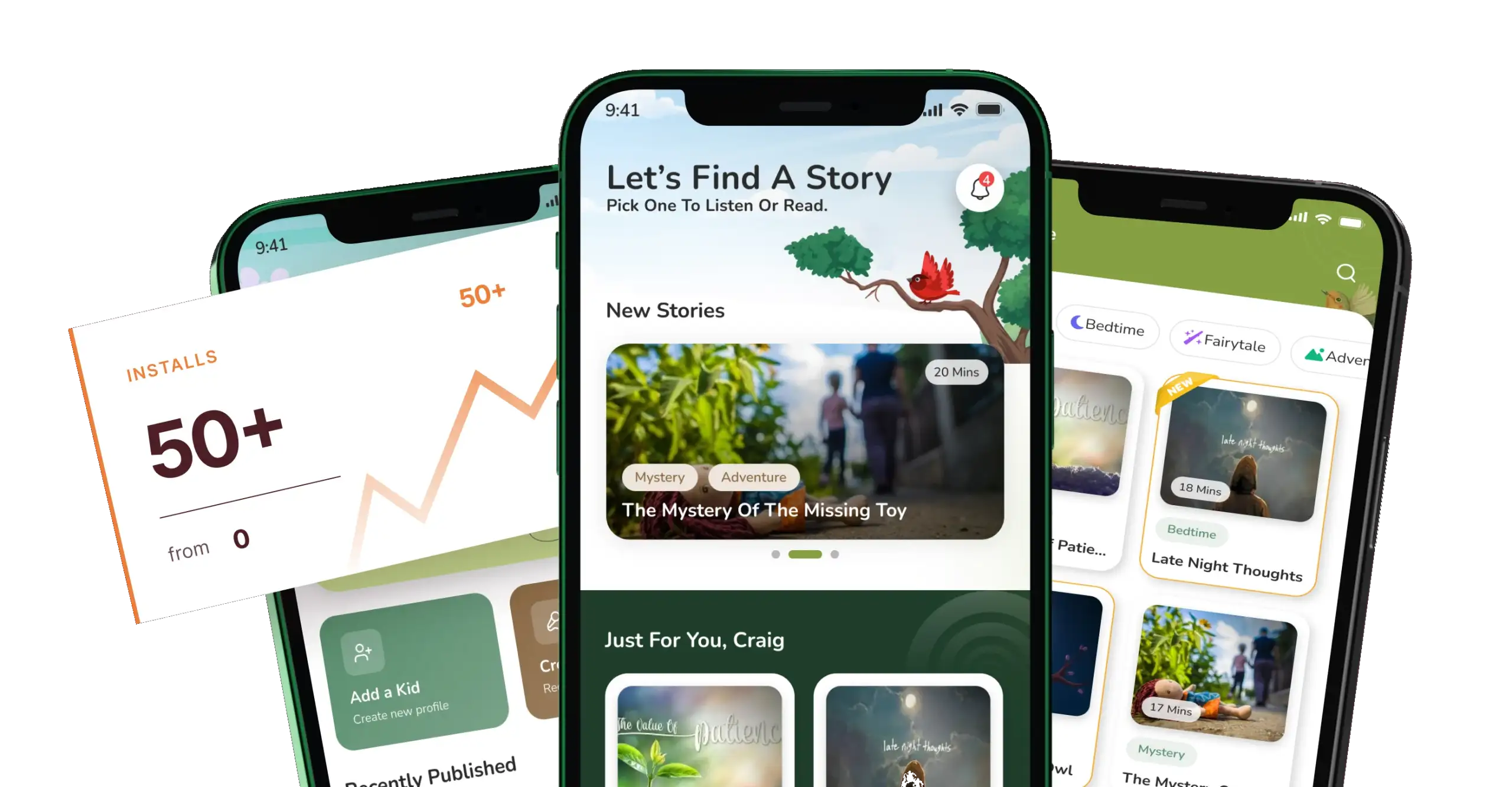 Storytree app screens showing bedtime stories for children